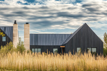 Obraz premium Modern house nestled among tall grasses under a cloudy sky in a serene natural setting