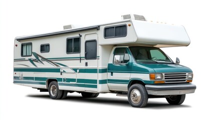Naklejka premium A white and teal RV with a large, white, over-cab sleeping area.