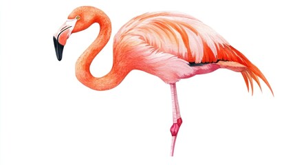 Obraz premium A pink flamingo with long, elegant legs and a curved neck stands on one leg, isolated on a white background.