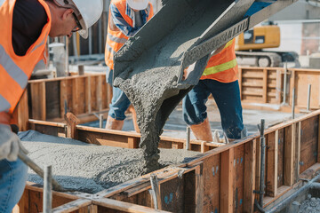 Construction workers pouring concrete at a building foundation
