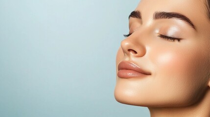 A serene close-up of a woman with glowing skin, eyes closed, exuding tranquility against a soft blue background.