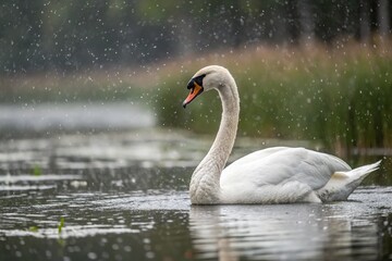 A White Swan, bathed in rain, a portrait of elegance.