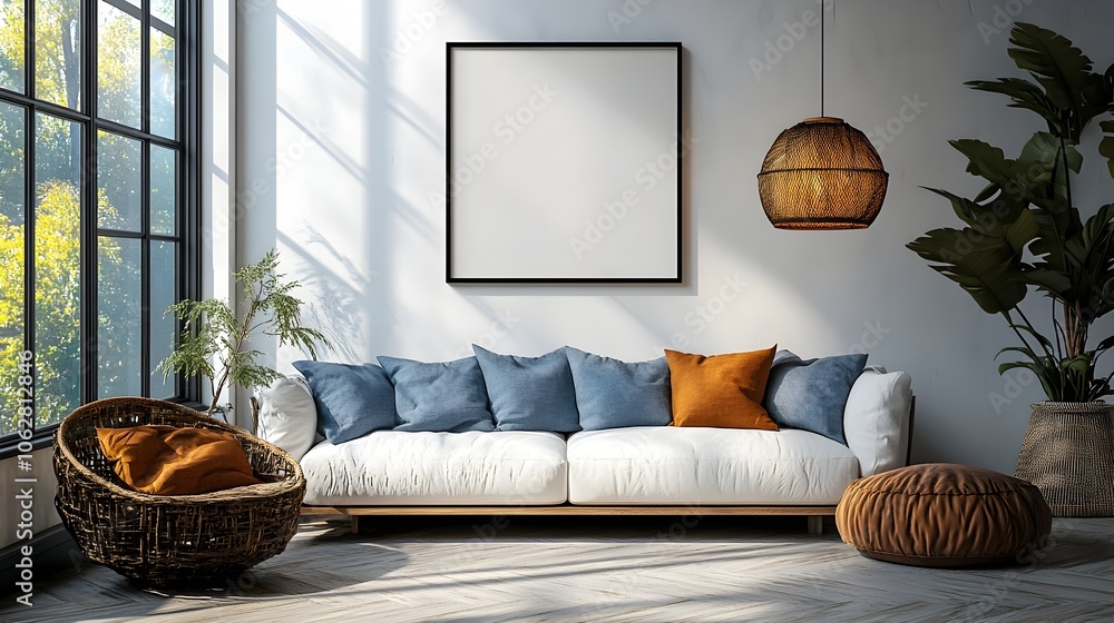 Poster minimalist black frame mockup displayed on a clean white wall in a scandinavian-inspired living room