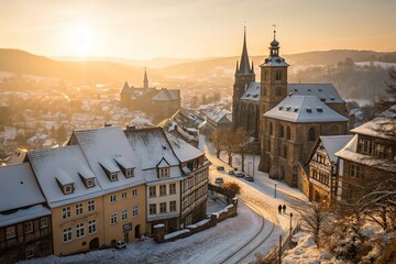 A winter sunrise paints Marburg in soft, dreamlike hues, a miniature world bathed in gold.
