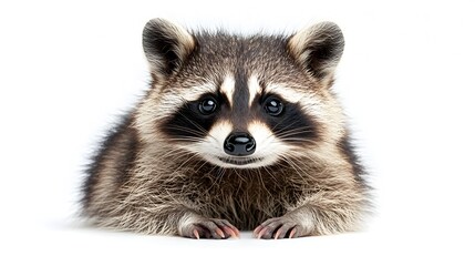 Obraz premium Mischievous Raccoon Isolated on White Background Playfully Exploring and Interacting with a Ball or Object in a Studio Setting