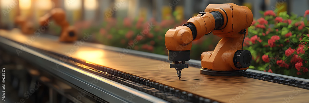 Aufkleber Orange robotic arm performing precise industrial manufacturing process with advanced computer-controlled machinery and equipment in a modern factory setting.