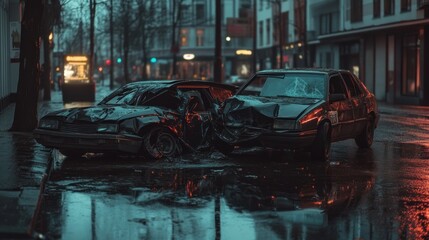 Obraz premium Two wrecked cars sit on a rain-slicked city street, surrounded by blurred neon lights.