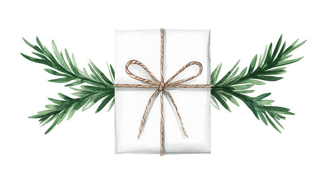 A beautifully wrapped gift with rustic twine, surrounded by green leaves, perfect for holiday celebrations. transparent background