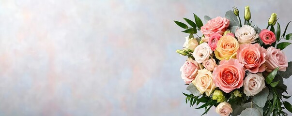 Obraz premium Beautiful bouquet of pastel roses with greenery, artistic background