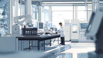 illustration of a metallurgist examining metal samples with sophisticated laboratory equipment against a white backdrop.