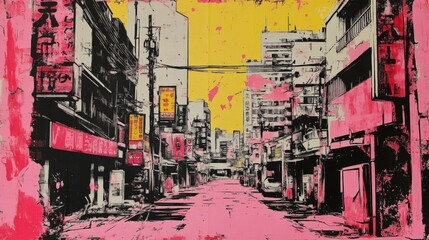 A vibrant retro grunge collage featuring pink and yellow hues.