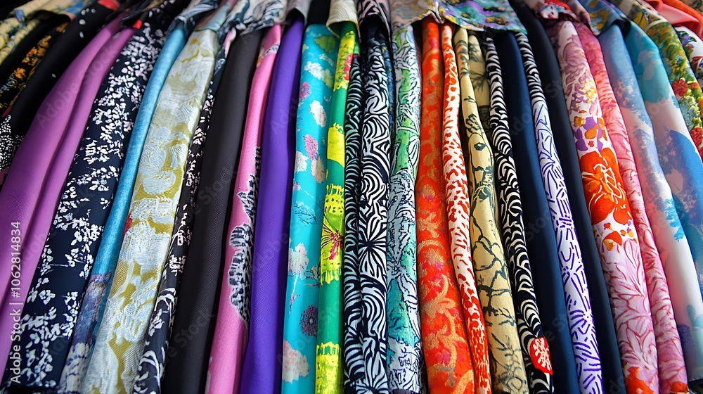 Poster a vibrant display of colorful fabrics arranged in a wave-like pattern.