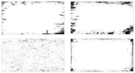 Grunge overlay textures with dust grain isolated on white background. Set of vector paint brush stroke, ink splash and grungy decoration elements