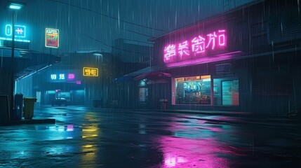 Photorealistic artwork captures the essence of a rainy, neon-lit metropolis.