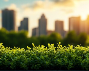 Lush green leaves with a blurry city skyline background at sunset.