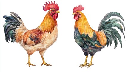 Fototapeta premium Watercolor illustration of two roosters facing each other, isolated on white background.