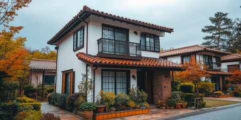 Obraz premium Two-story Japanese townhome with compact balcony