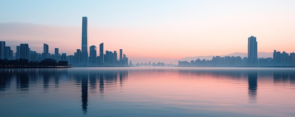 Fototapeta premium City skyline reflecting on water during sunrise with soft pastel colors.