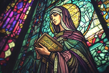 Fototapeta premium Saint Hilda, draped in ornate robes and clutching a book, is encircled by exquisite stained glass that reflects her wisdom and faith.