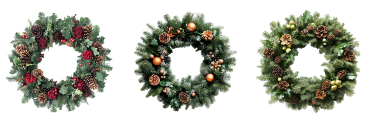 Collection of Christmas wreath isolated on transparent background. Generated AI.