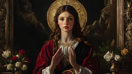 A classical painting of Saint Mary Magdalene exudes wisdom and compassion, adorned with symbols of faith and devotion. © ckybe