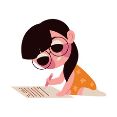cartoon girl sitting writing with pencil