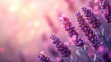 A beautiful close-up view of blooming lavender flowers, showcasing delicate petals and lush greenery against a soft, dreamy background.