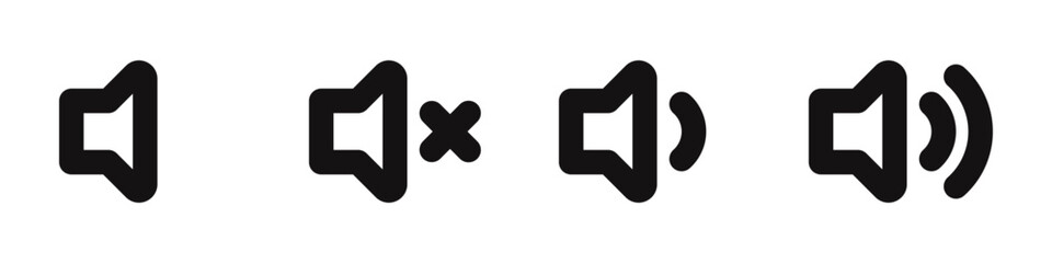 Volume icons set. Black volume sound, speaker, loudspeaker, mute and unmute volume sound. Vector illustration.