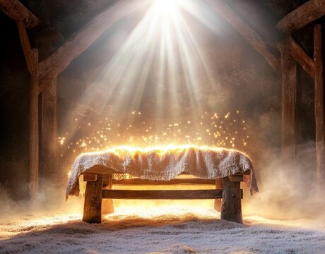 A foggy scene featuring an empty manger illuminated by gentle light.