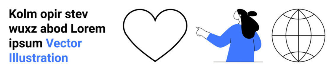 Female character pointing at heart and globe symbols with adjacent text block. Ideal for web pages, educational material, presentations, social media graphics, infographics, marketing content. Banner