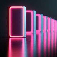 Fototapeta premium A series of glowing rectangular shapes lined up, showcasing vibrant pink and blue neon lighting against a dark background.