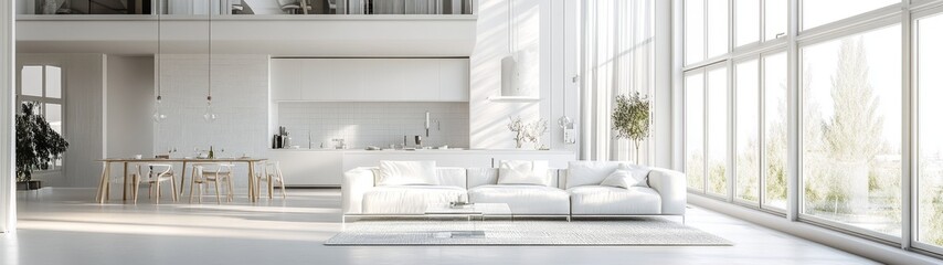 Modern white living room interior design with a large window and white sofa.