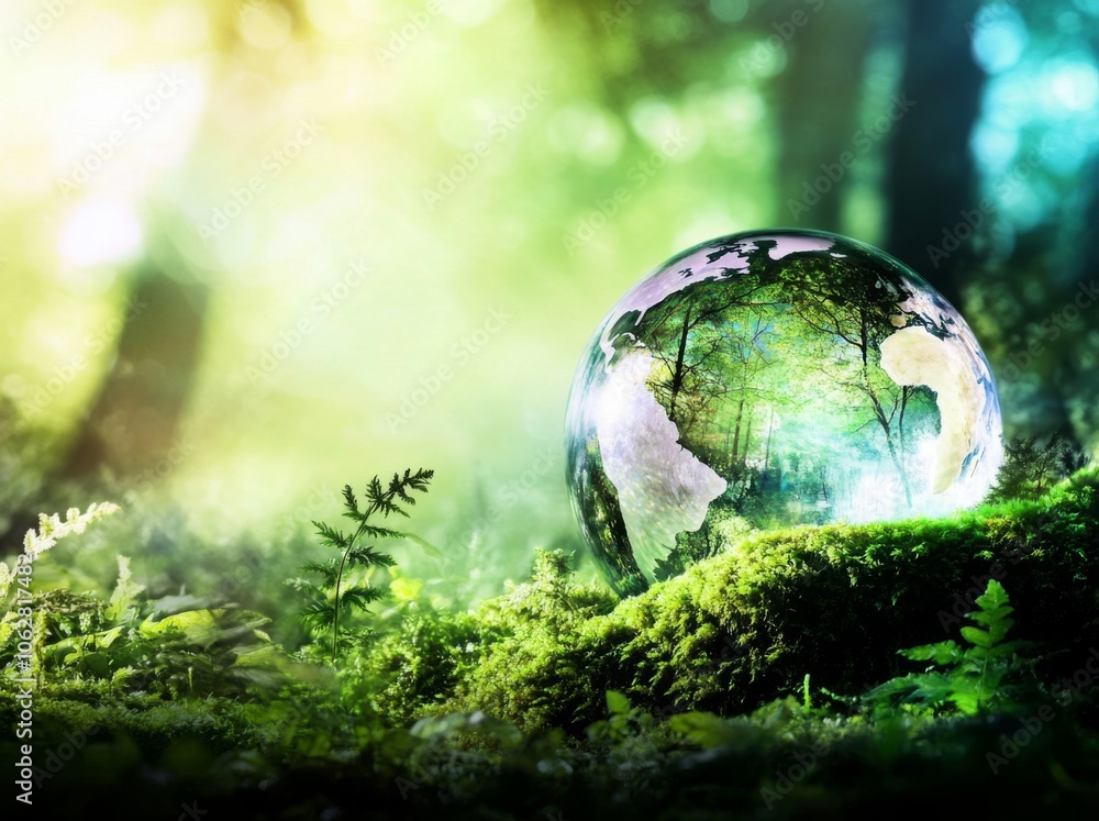 Poster exploring the environmental wonder of a crystal globe set in a mossy forest backdrop.