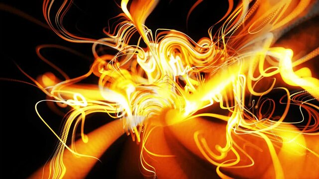 Seamless loop of a mesmerizing abstract background featuring a continuous flow of glowing yellow particle lines forming elegant curls.