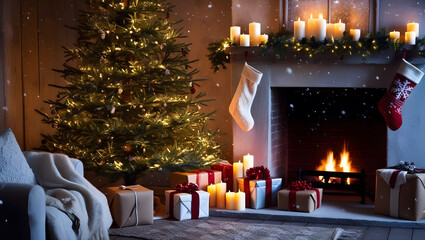 christmas tree with candles and decorations, a christmas tree is in front of a fireplace.