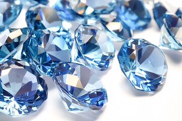 A radiant crystal sparkles with dazzling facets on a pristine backdrop, highlighting its exquisite clarity and enchanting blue tones, ideal for creative inspiration.