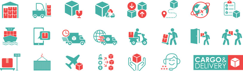 The cargo and delivery icon set is in solid style. It contains a warehouse, container, courier, delivery, tracking, truck, package