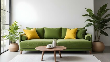 A modern green sofa with yellow throw pillows in a minimalist living room with white walls and a wooden coffee table.