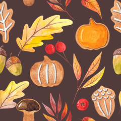 Hello, autumn. Pattern of autumn sweets, gingerbread, flags for decoration, autumn leaves, mushrooms. Autumn mood. Watercolor