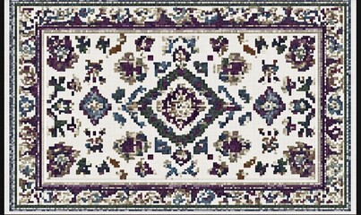 A decorative rug featuring intricate floral and geometric patterns in rich colors.