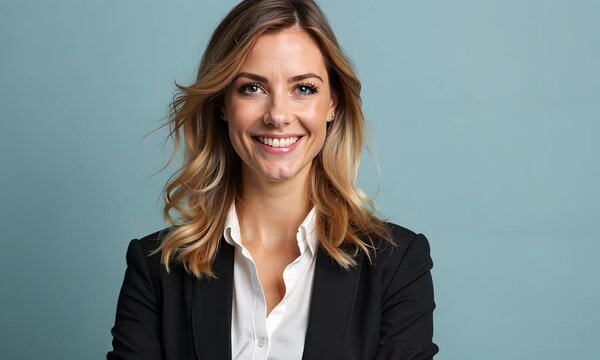 Femme d'affaires confiante, posant les bras crois&eacute;s, close up, fond unicolore | IA / AI 