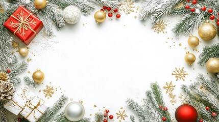 Christmas background of fir branches, balls and gift boxes. Christmas decorations and gifts on the edges, lots of empty space in the middle for text, copy space in the middle