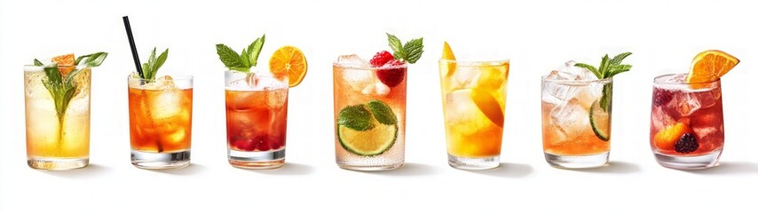 Refreshing summer cocktails, vibrant garnishes of fruit and mint, a colorful array of flavors and textures, perfect for warm gatherings and celebrations.