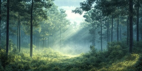 Obraz premium Sunbeams Illuminating a Misty Forest Path