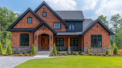 A two-story brick house with a black roof and black windows. The house has a large lawn in front of it and a gravel driveway. There are trees and shrubs in the yard.