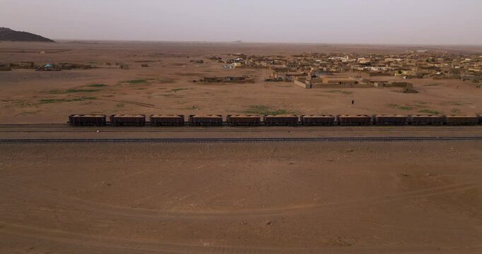 Aerial View Iron Ore Train Wagons Over Railway At Choum In Mauritania Africa.