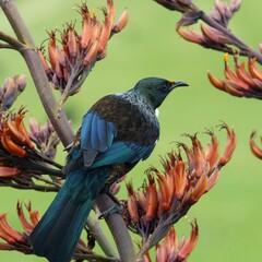 Colorful Tui sitting on Harakeke/Flax branch