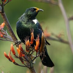 Colorful Tui sitting on Harakeke/Flax branch