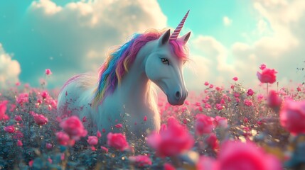 Unicorn colorful rainbow hair horn in dreamy pink rose field, girly wallpaper, mystic creature, fantasy