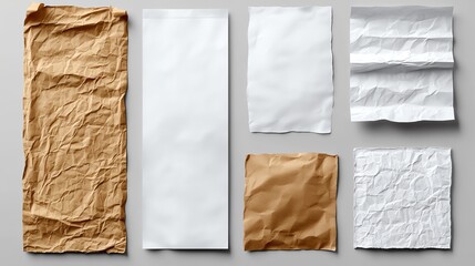 Assorted crumpled paper sheets on a flat surface, isolated on white background.